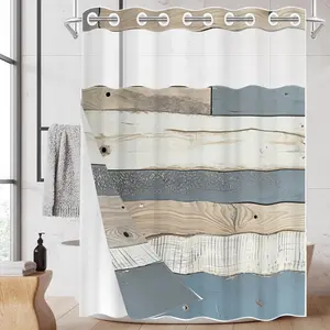 1pc hookless shower curtain with buckle lining, gray, blue wood grain patchwork design, fabric waterproof lining, see-through double-layer, 71 x 74 inches, modern home curtain, Bathroom Decor, Shower Curtain Liner
