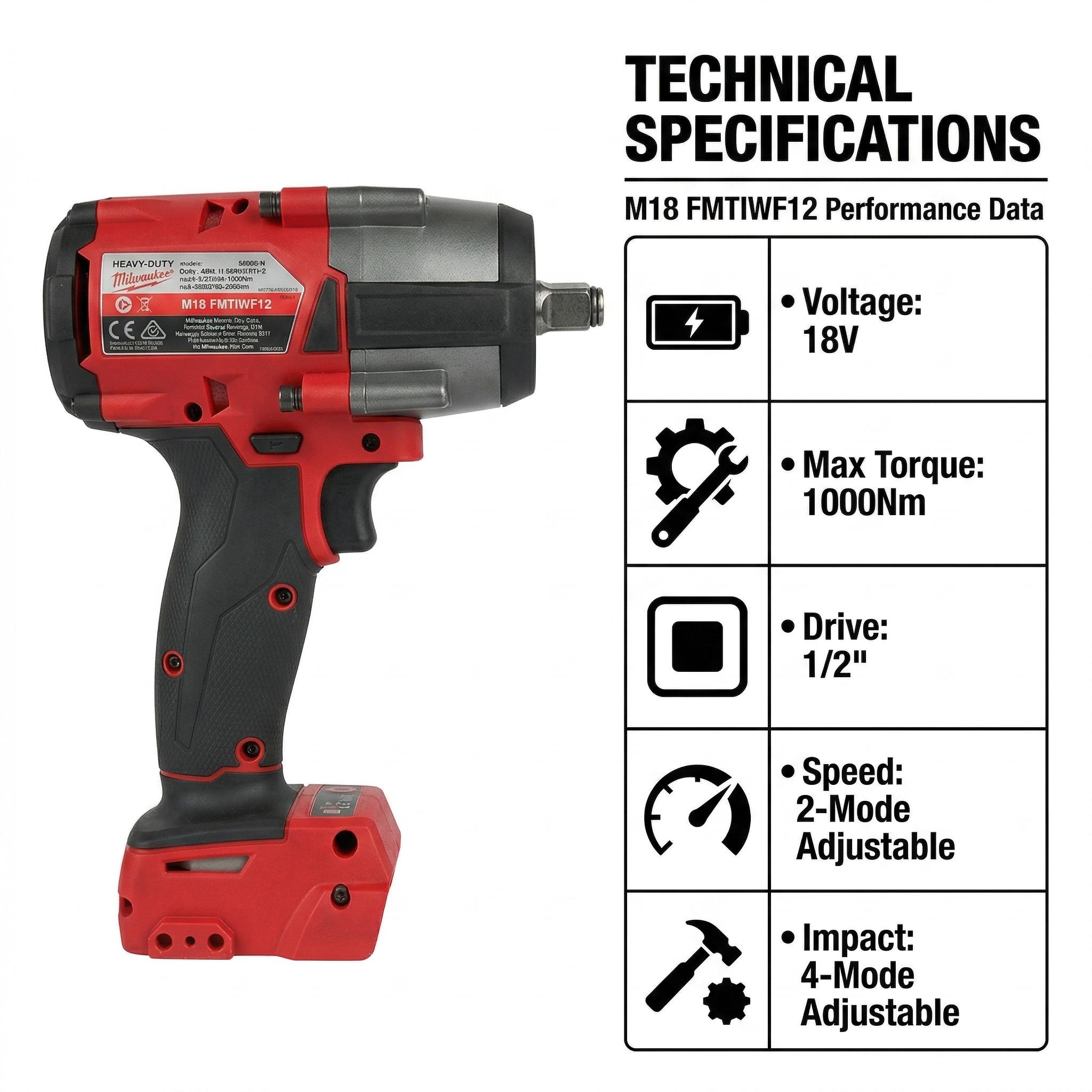 Milwaukee FMTIWF12 M18 1000Nm Impact Wrench for Mechanics