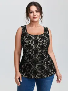 【 U-neck】 Bloomchic Floral Lace Scoop Neck Tank Top Fit Sleeve Womenswear Black Casual Fitted Sleeveless cardigan