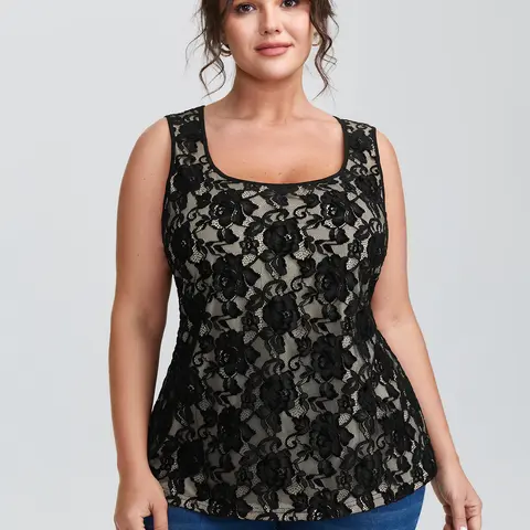 BloomChic Floral Lace Scoop Neck Tank Top 【M-6XL】