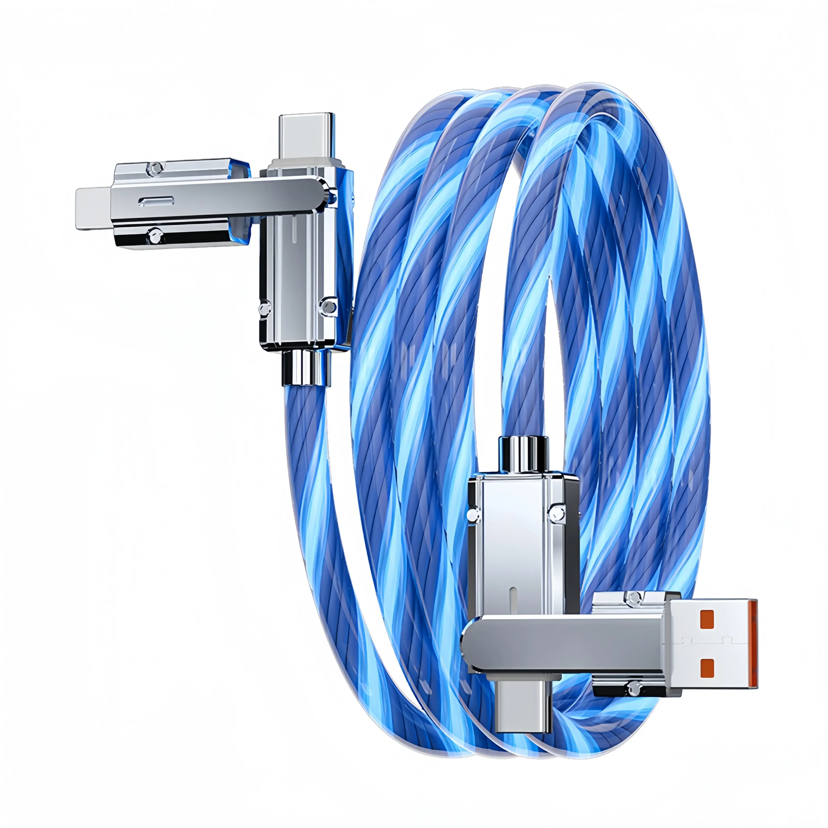 4-in-1 Fast Charging Cable Flowing LED Light Up 100W Fast Charging And Data Sync Charge  Cord Combo Lightning Type C USB Ports For Mobile Phone Tablet And Other Smart Devices Alloy Smartphone