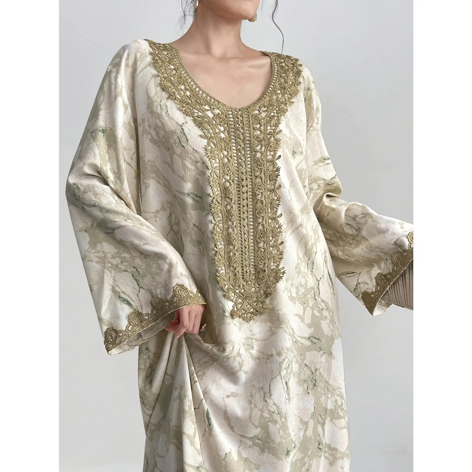 Women's Marble Print A-Line Abaya - Woven Polyester, 3/4 Length Sleeves, Golden Trim, Micro Elasticity, Machine Washable, Long Modest Islamic Gown for Fall/Winter, Three Quarter Length Sleeve