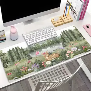 Vintage Forest Deer Desk Mat XXL, Large Gaming Mouse Pad with Anti-Slip Base, Watercolor Nature Floral Style Desk Pad for Office & Gaming, Cottagecore Aesthetic Desk Mat, Nice Present for Gamers