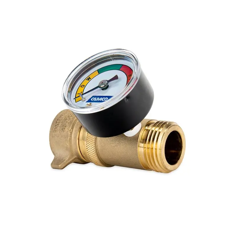 Camco 40064 Brass RV Water Pressure Regulator with Gauges - 40-50 PSI Preset, Durable, Single Connection for RV, Camper, Boat & Community Water Sources, Ensures Consistent Flow