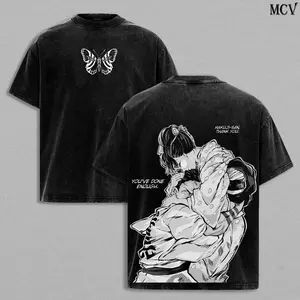 Akaza vs Koyuki Demon Slayer Kimetsu no Yaiba T-Shirt Menswear Top Heavy Cotton Underwear Double Printed Vintage Washed Tee Oversize Unisex Anime Manga Streetwear Retro Graphic Tee Gift for Fans