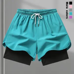 Women’s athletic shorts — casual gym shorts for running, faux two-piece design to prevent exposure; polyester–spandex knit compression base layer pants with quick-dry breathability and an elastic drawstring waist