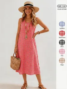 IDEALSANXUN Women's Gingham Cotton Mid-Length Halter Sleeveless Tie-Back Sundress - 1-Piece Women's Clothes for Spring, Summer Beach, Daily Casual Wear