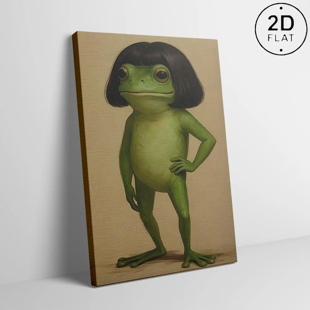Minimalist Abstract Whimsical Bob-Haircut Frog Canvas Posters, Green-Toned Artistic Funny Prints for Kids Playroom, Unique Quirky Kitchen Wall Decoration, Ideal Gift for Frog Lovers