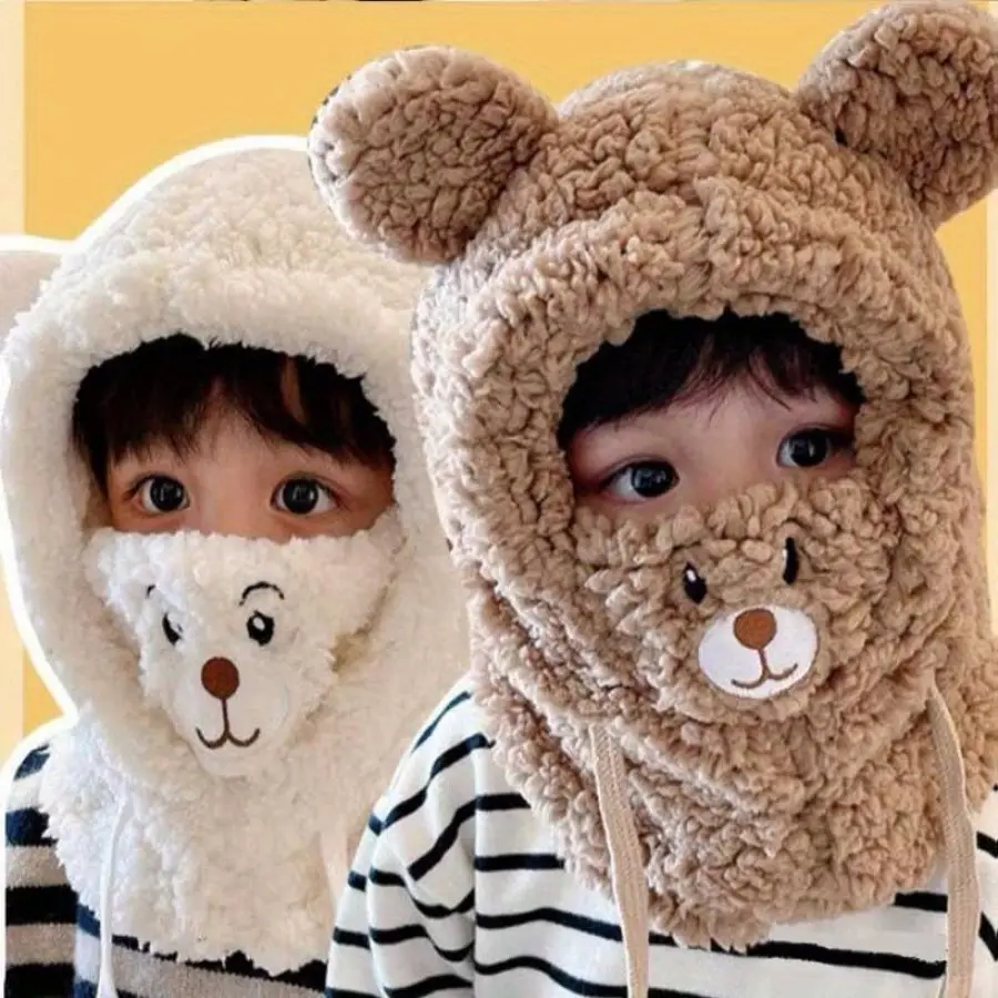 Cute Anime Bear Plush Beanie - 3-in-1 Fleece Ear Warmer with Scarf and Mask, Soft Double-Layer 100% Polyester, Elastic Drawstring Closure, Lightweight, Hand Wash, Suitable for Autumn Winter Christmas Wear