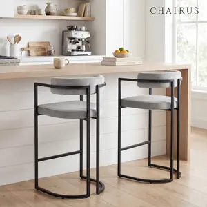 【Summervibes】CHAIRUS  26 Inches Velvet Modern Bar Stools Set of 2 Faux Fur Upholstered Bar Chairs with Metal Base Footrest, Kitchen Counter Chairs for Home Bar/Pub/Dining Room/Kitchen Island,
