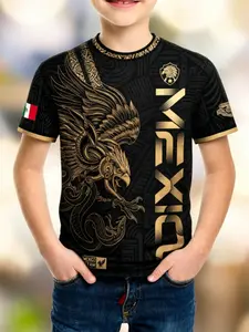 Boys' Slim Fit Cartoon Print T-Shirt, Short Sleeve Casual Top, All-Season Wear, Full Body Design, Mexican Eagle Aztec Theme
