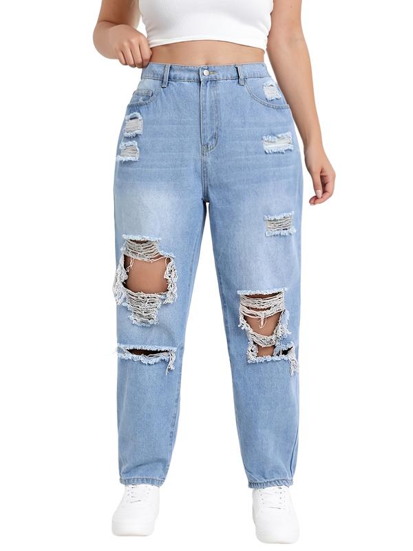 Women's Plus Size High Waist Loose Fit Jeans, Fashionable Ripped Long Pants, Casual Denim Trousers for Comfort and Style