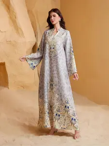 Leopard Print Rhinestone Beaded Muslim Arabic Dress Abaya Long Robe