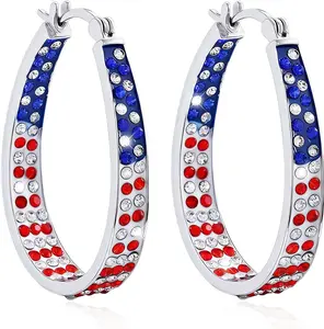 4th of July Patriotic Hoop Earrings, American Flag Red White and Blue Sparkly Crystal Jewelry for Women, Independence Day Accessories for Shirts Outfits