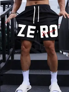 Men's "ZERO Rockman" Graphic Basketball Shorts, Streetwear Sports Shorts - Block Letter Print Black Mesh Athletic Shorts with Contrast Drawstring, Quick Dry Moisture Wicking Shorts for Workout Training, Loose Fit Streetwear Inspired