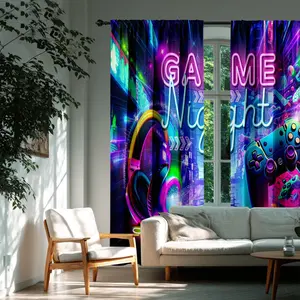 Neon Color Gaming Curtain Set, Cool Controller Headset Decorative Curtains, Boys' Bedroom Light Blocking Fabric, Home Decoration, Window Curtain
