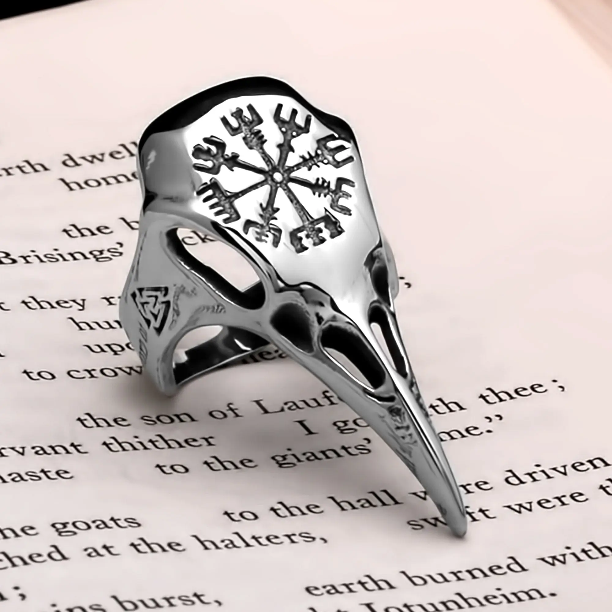 Raven Skull Vegvisir Viking Ring 316L Stainless Steel