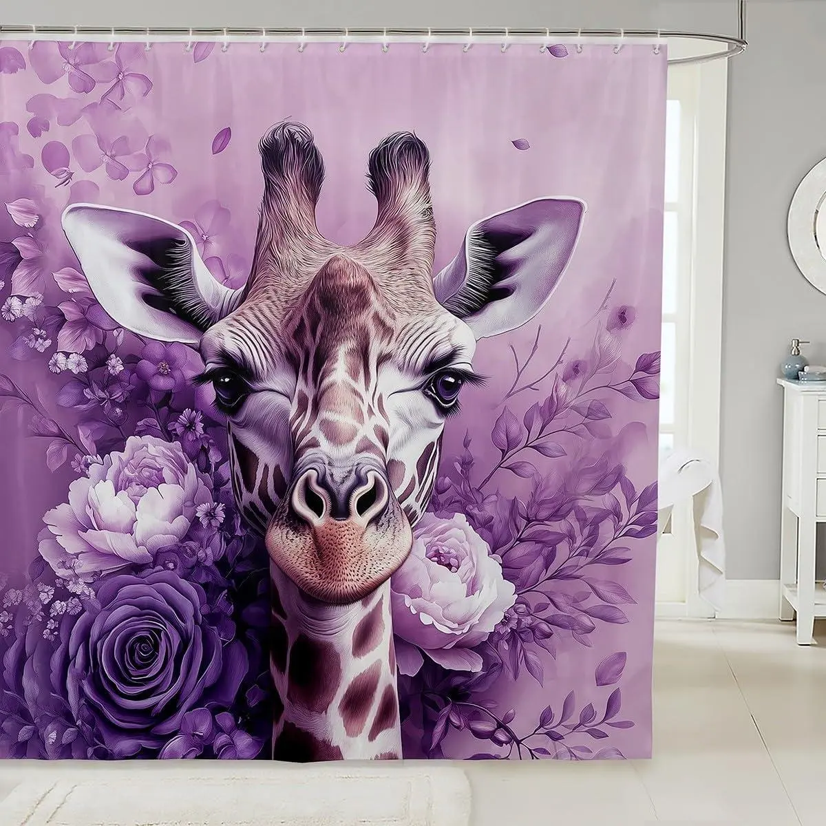 Feelyou Wildlife Giraffe Shower Curtain - African Safari Animal Decorative, Waterproof Washable Printed Design, Dreamy Purple Botanical, Child-Friendly Cute, with 12 Hooks for Kids' Bathroom, Animal Decorative Curtains, Botanical Curtains