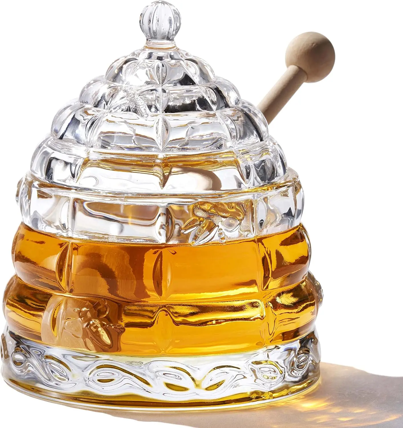 9 oz Beehive Crystal Honey Pot with 2 Dipper Sticks - Elegant Glass Honey Jar with Lid, No Drip Honey Dispenser & Syrup Container for Home Kitchen Decor