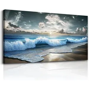 Blue Ocean Canvas Wall Art Large Paintings For Living Room Landscape Nature Artwork For Walls Beach Wall Decor For Bedroom Wall Art Waves Pictures For The Dining Room Easy Hanging 32x16