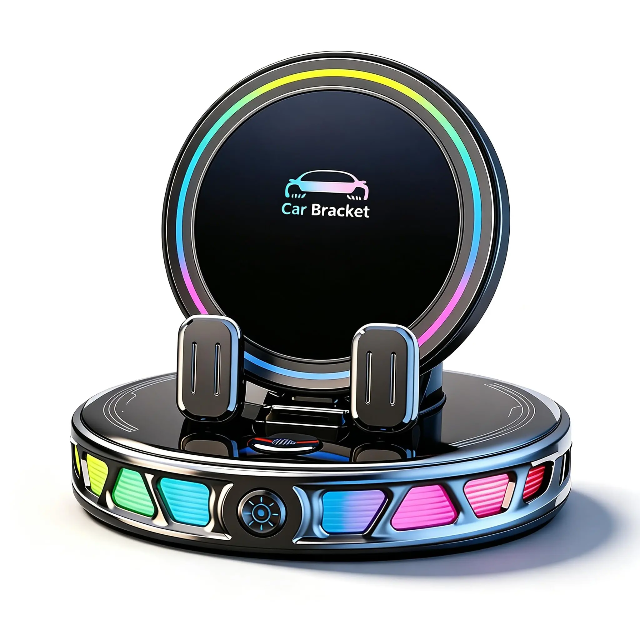 Magnetic Wireless Car Charger, 15W Fast Charging Portable Car Phone Holder with 7-Color RGB Light, Adjustable Universal Compatible Car Mount Charger, Air Vent & Dashboard