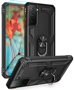 for Samsung Galaxy S21 FE 5G Case with HD Screen Protectors, Military-Grade Metal Ring Holder Kickstand 15ft Drop Tested Shockproof Cover Case for Samsung Galaxy S21 FE Black