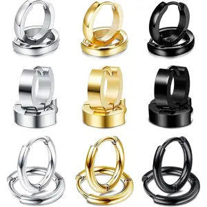 MILACOLATO 9Pairs Stainless Steel Small Classic Hoop Huggie Earrings Men's Earrings Hoop Silver Black for Men Women Daily