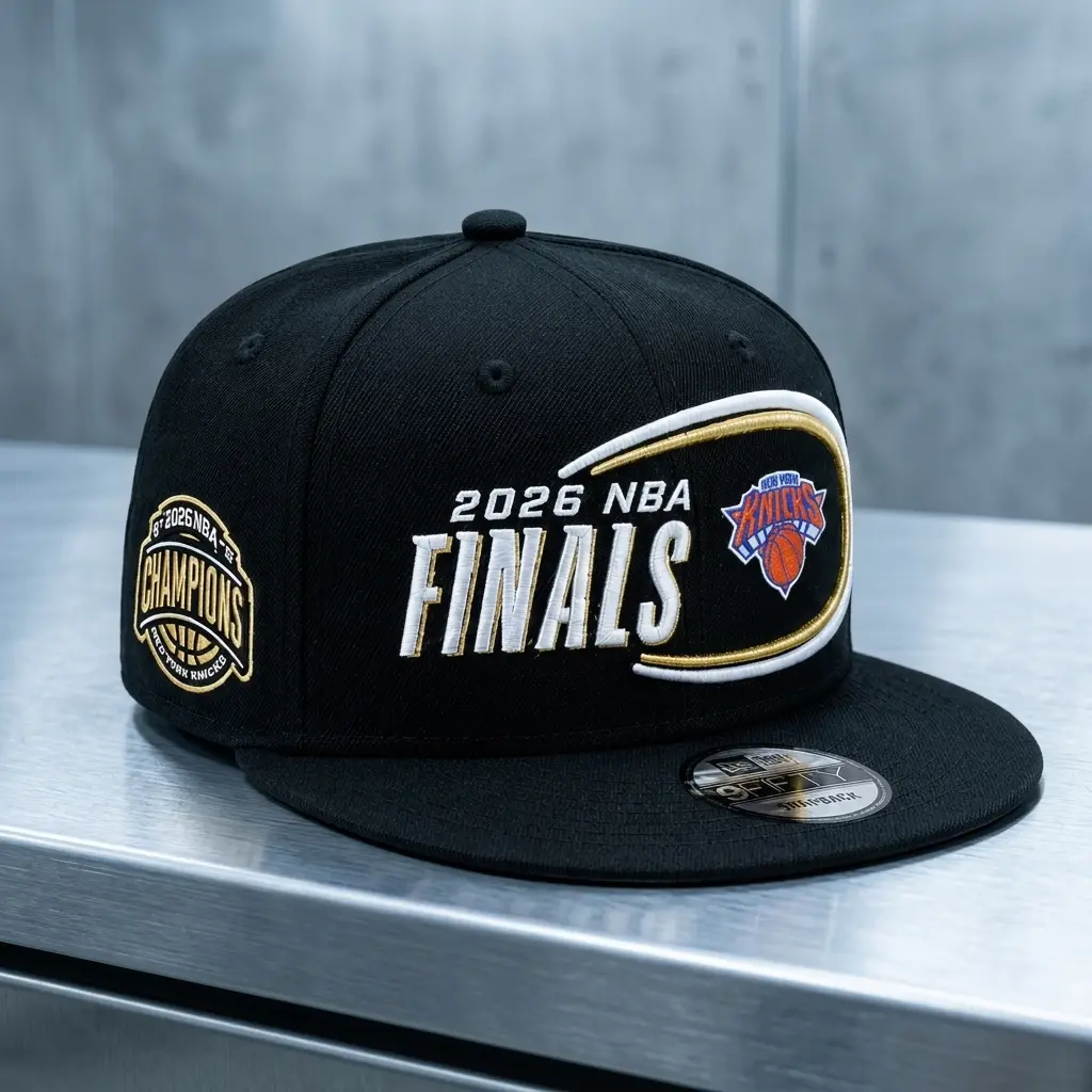 New Era Style NY Knicks 2026 NBA Finals Cap Variant Grid | Structured Flat Brim Basketball Hats | Brushed Steel Counter Showcase Profile