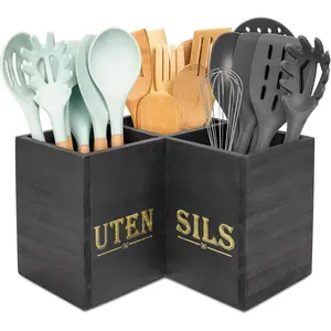 Kitchen Utensils Holder, 3 Compartments Corner Utensil  for Countertop,Wooden Farmhouse Utensil Organizer