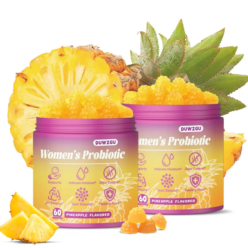 Pineapple Flavored Feminine Probiotics Gummies for pH Balance & Dryness Relief with Slippery Elm Prebiotic Blend - 60 Dietary Supplements for Women's Health