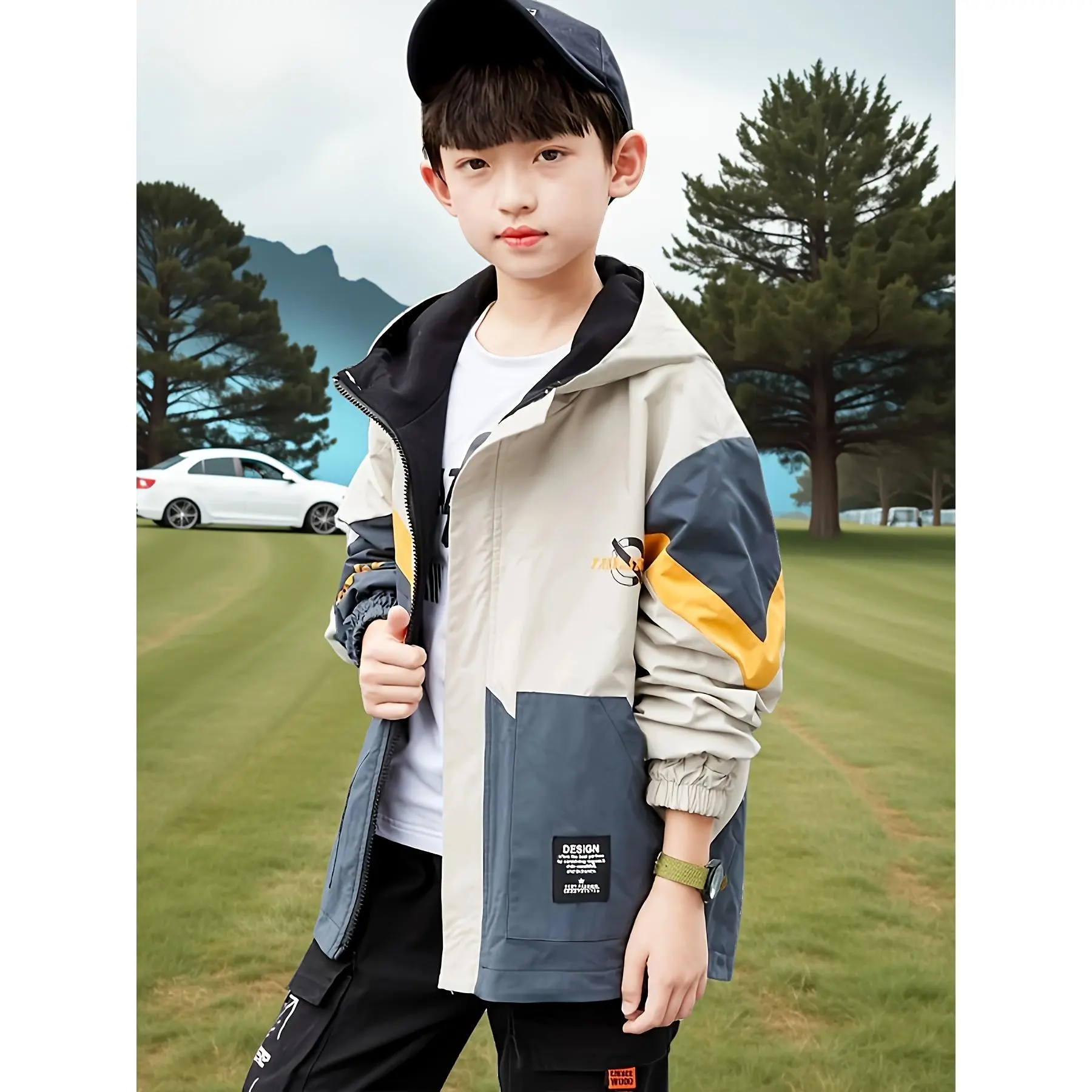 Boys' Reversible Jacket Spring Outerwear New Trend Hooded Color-Block Windbreaker for Middle and Large Children