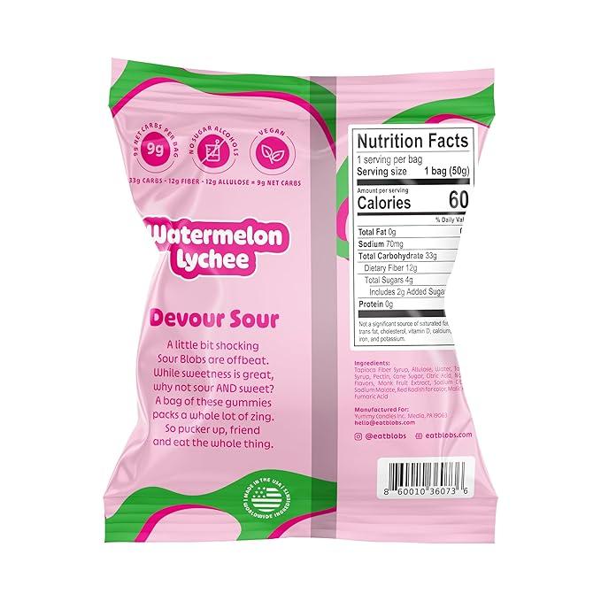 Blobs SOUR Gummy Candy Low Sugar, Low Calorie, Gluten Free for Kids & Adults - No Sugar Alcohols, Vegan, No Dyes - 1.8 oz per Bag (Pack of 6) - Watermelon Lychee