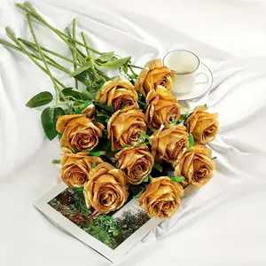 Realistic Artificial Rose Bouquet, 12 Golden Roses Decorative Flowers Faux Floral Decor, Perfect for Weddings Home Parties Events Gifts, Fake Roses