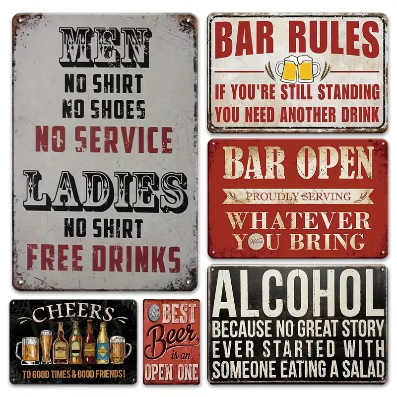 6pcs Vintage Metal Tin Signs Set - 8x12in Retro Iron Wall Art Decor, Ideal for Man Cave, Perfect Gift for Beer Lovers, 8X12inch