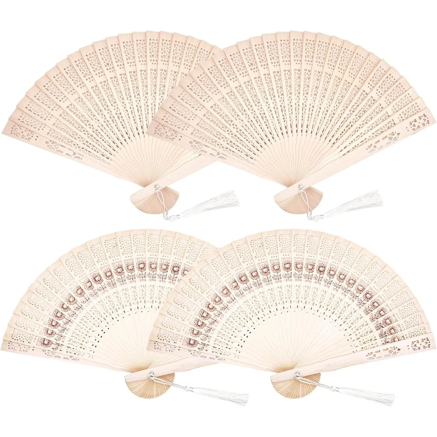 4 Pack Vintage Wooden Folding Fans with Tassels, Sandalwood Hand Fan, Chinese Sunflower Pattern, Foldable Wedding Favors