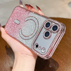 Phone Case for iPhone 17 16 15 14 13 12 Pro max plus,Diamond Plating Gradient Sparkle Glitter Drop Shockproof Girls Women Protective with magnetic Wireless Charging Phone Cases