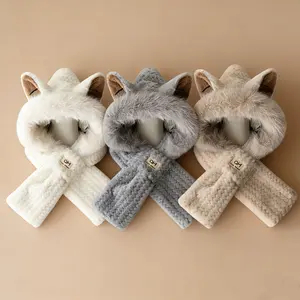SHIFFRINKEN Women's Hooded Scarf Hat Set - Polyester Faux Fur Plush Beanie with Animal Cartoon Cat Ears, Thick Solid Color Hooded Bonnet, Elastic Neck Warmer, Autumn Winter Warm Fashion Head Accessory