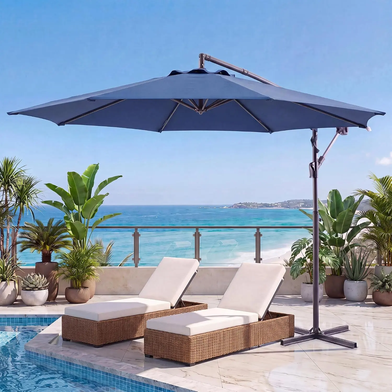LAUSAINT HOME 10ft Offset Patio Umbrella, Cantilever Hanging Market Umbrella with 8 Sturdy Ribs, Easy Tilt & Crank, Outdoor Sun Shade for Patio, Backyard, Garden, Poolside, Deck, Navy Blue
