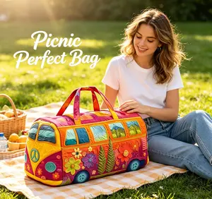 2026 New Model Vintage Hippie Bus Quilted Duffle Bag - Boho Floral Weekender Travel Bag, Large Capacity Overnight Bag for Camping, Gym & Weekend Getaway Unisex Boho Quilted Weekender Travel Bag, Lightweight & Comfortable, Hippie Design