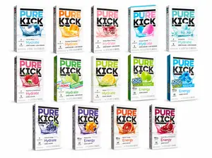 14x Pure Kick MEGA Sampler Drink Mix - 14 Flavors Included - 6 Singles Per Box - Hydrate Sonic Energy Water Bottle Mix - NEW Flavors - Cherry Cotton Citrus Limeade Apple Mango Pomegranate