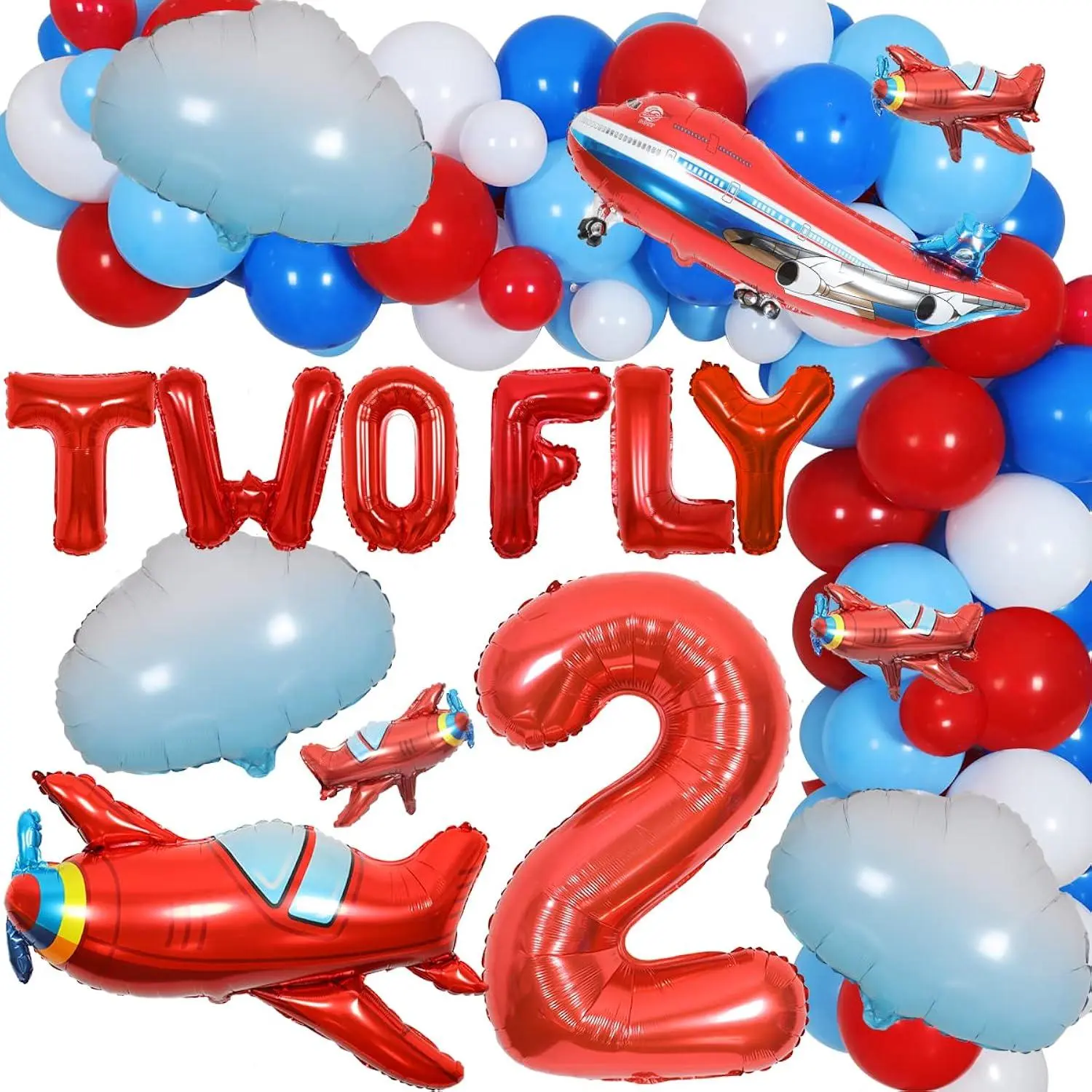 Two Fly Birthday Party Decorations, Airplane 2Nd Birthday Decorations For Boys Girls - Blue And Red Balloon Garland, Airplane And Cloud Foil Balloons, Two Fly Letter Balloons