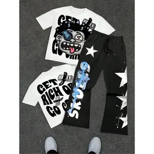 Streetwear Skull & Star Print T-Shirt Set, Bold Urban Style, Trendy Cartoon Graphics, Ideal for Fashion Leaders, Men's Clothing