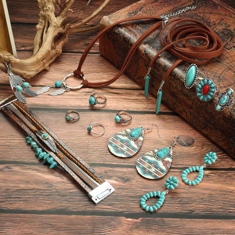 1Set Bohemian Western Style Synthetic Turquoise Necklaces, Earrings, Rings, Bracelets, Women'S Jewelry Sets, Daily Vacations, Outdoor Parties, Wearing Jewelry, Mother'S Holiday Gifts