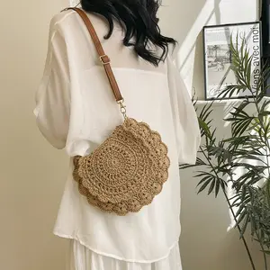 Lace-trimmed Crossbody Cotton Woven Bag Openwork Straw Shoulder Bag for Vacation Beach Style Versatile Women's Accessory