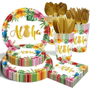 175Pcs Hawaiian Luau Party Decorations Aloha Tropical Tropical Hibiscus Floral Tableware Supplies Hawaii Palm Leaves Plates for Summer Hawaiian Birthday BB