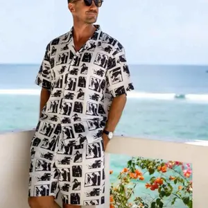 Artistic Summer Mens Comic Strip Print Button Up Shirt and Shorts Set Soft Comfy Casual Outfit for Daily Wear and Beach Days