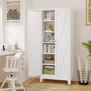 75" Tall Kitchen Pantry Cabinet, Metal Storage Cabinet with 2 Doors and 5 Adjustable Shelves, White Food Pantry Cupboard for Kitchen, Dining Room, Living Room and Bathroom