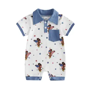 Babamoon Toddler Infant Baby Boy 4th of July Romper Eagle Star Print Patchwork Buttons Short Sleeve Infant Bodysuits Jumpsuits