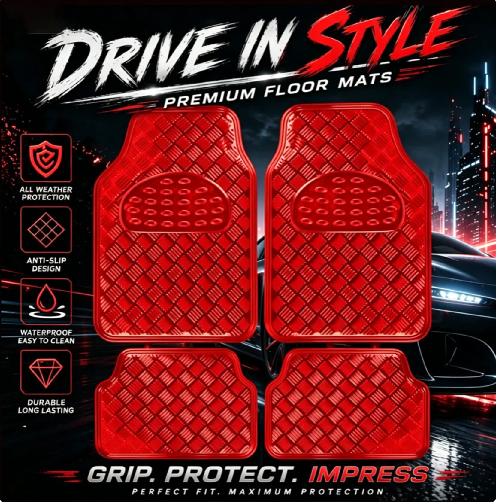 4PCS Car Aluminum Foil Floor Mats - Stain-resistant, Waterproof, All-weather Front & Rear Mats with Easy-to-clean Diamond Metal Pattern, Heavy-duty Anti-slip Protection, 6 Colors Available: Red, Blue, Black, Silver, Mauve, Carbon