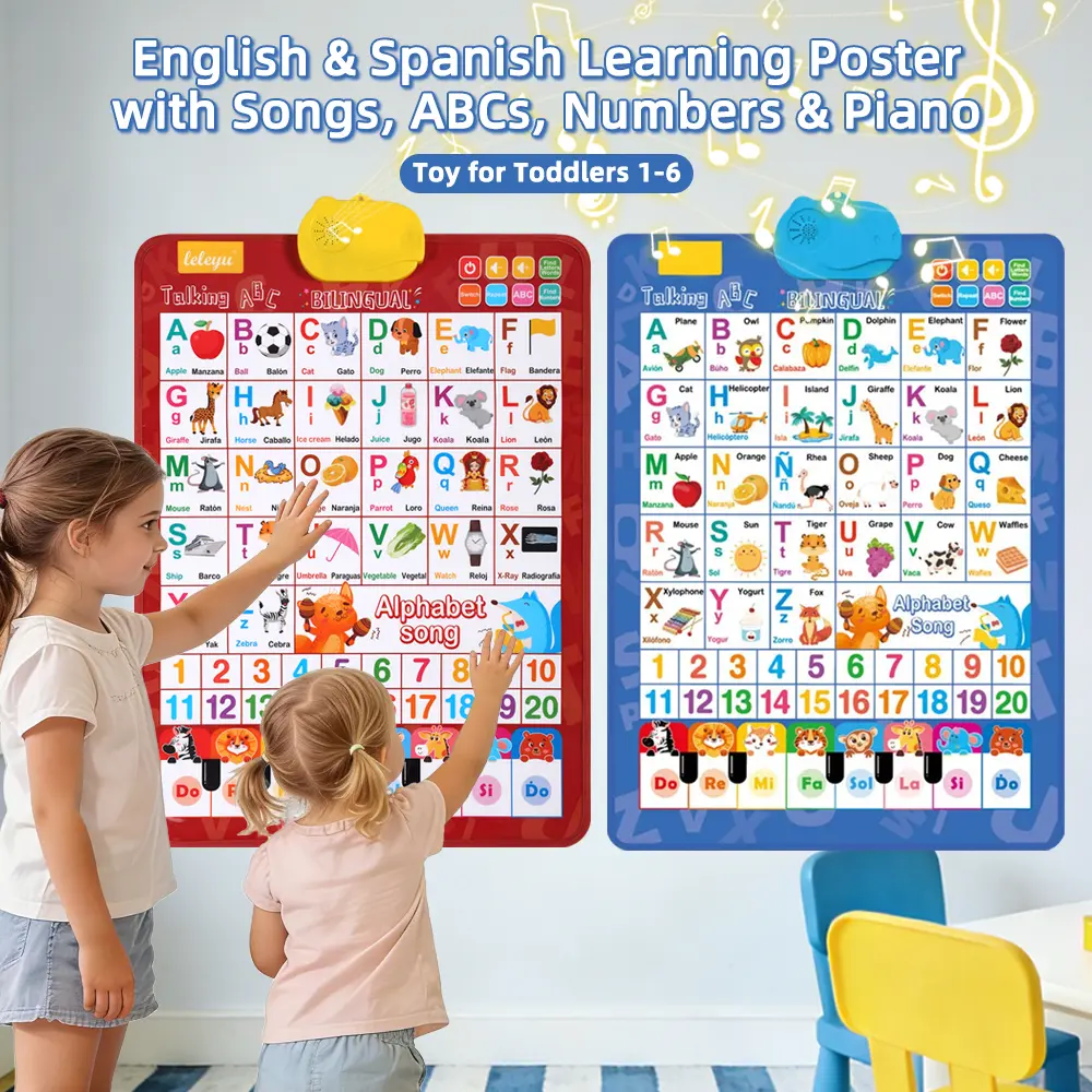 Bilingual Kids Interactive Alphabet Learning Language Toy - 2026 Talking Wall Chart, English-Spanish Educational Poster with Songs, ABCs, Numbers, Piano, Touch-Activated, Wall Mount, Learning Materials, Visual Learning Tools for Toddlers 1-6, Classroom Su